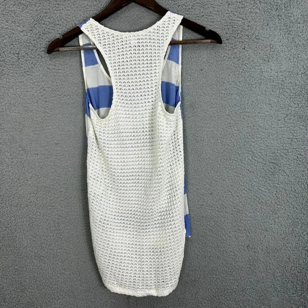 Ella‎ moss top womens XS blue ivory striped front crochet silk sleeveless office - Picture 6 of 6